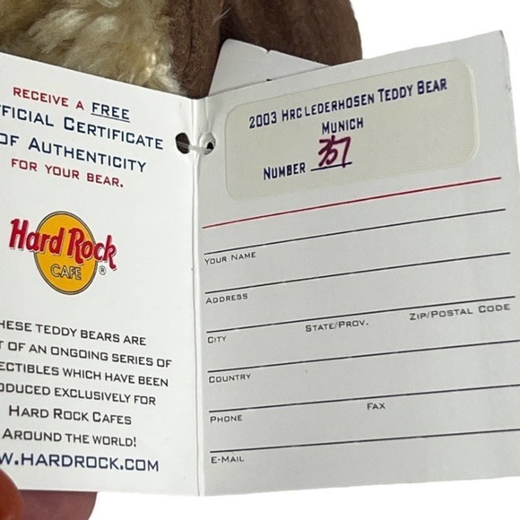 Hard Rock Cafe Munich 2003 Lederhosen Herrington Teddy Bear Limited Edition #307 - Picture 6 of 8